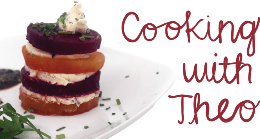 plate of beet napoleons and reads cooking with theo