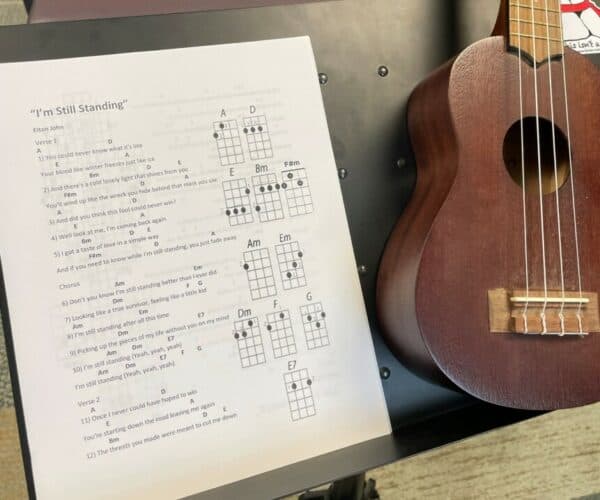 ukulele and I'm Still Standing chords on music stand