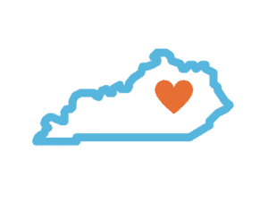 Shape of Kentucky in blue with an orange heart in the central KY region.