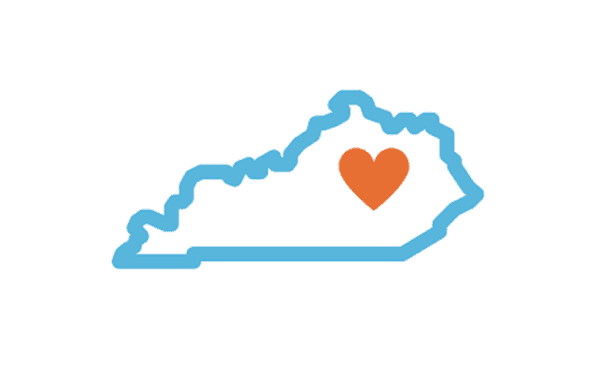 Shape of Kentucky in blue with an orange heart in the central KY region.