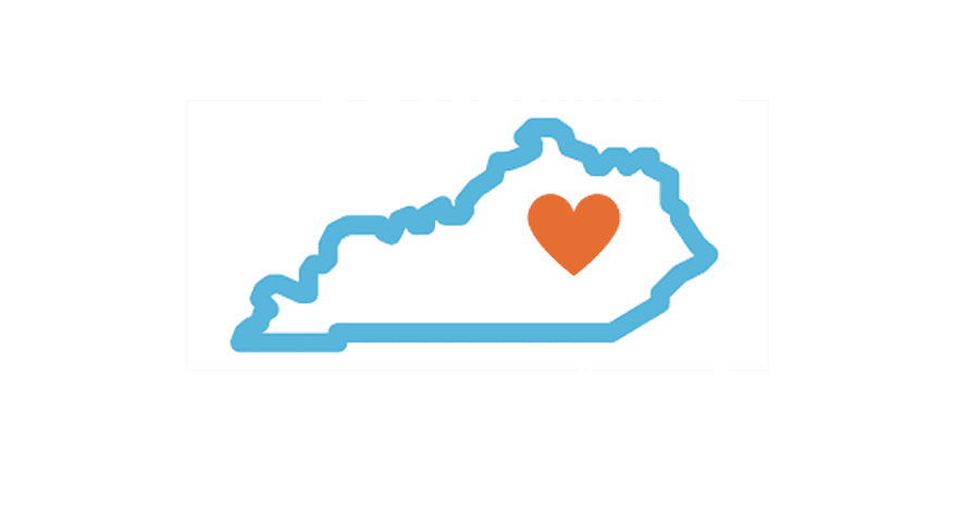 Shape of Kentucky in blue with an orange heart in the central KY region.