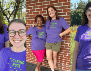 3 photos of staff in purple shirts