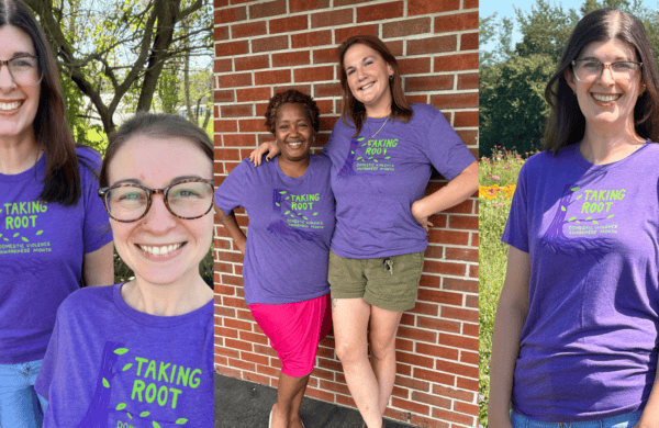 3 photos of staff in purple shirts