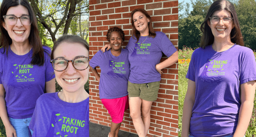3 photos of staff in purple shirts